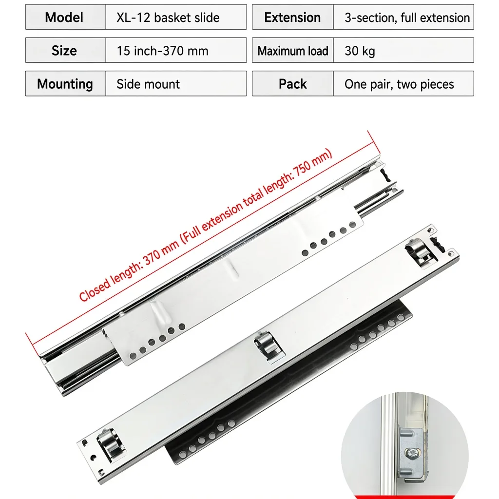 Basket Drawer Slides, 350-390 mm