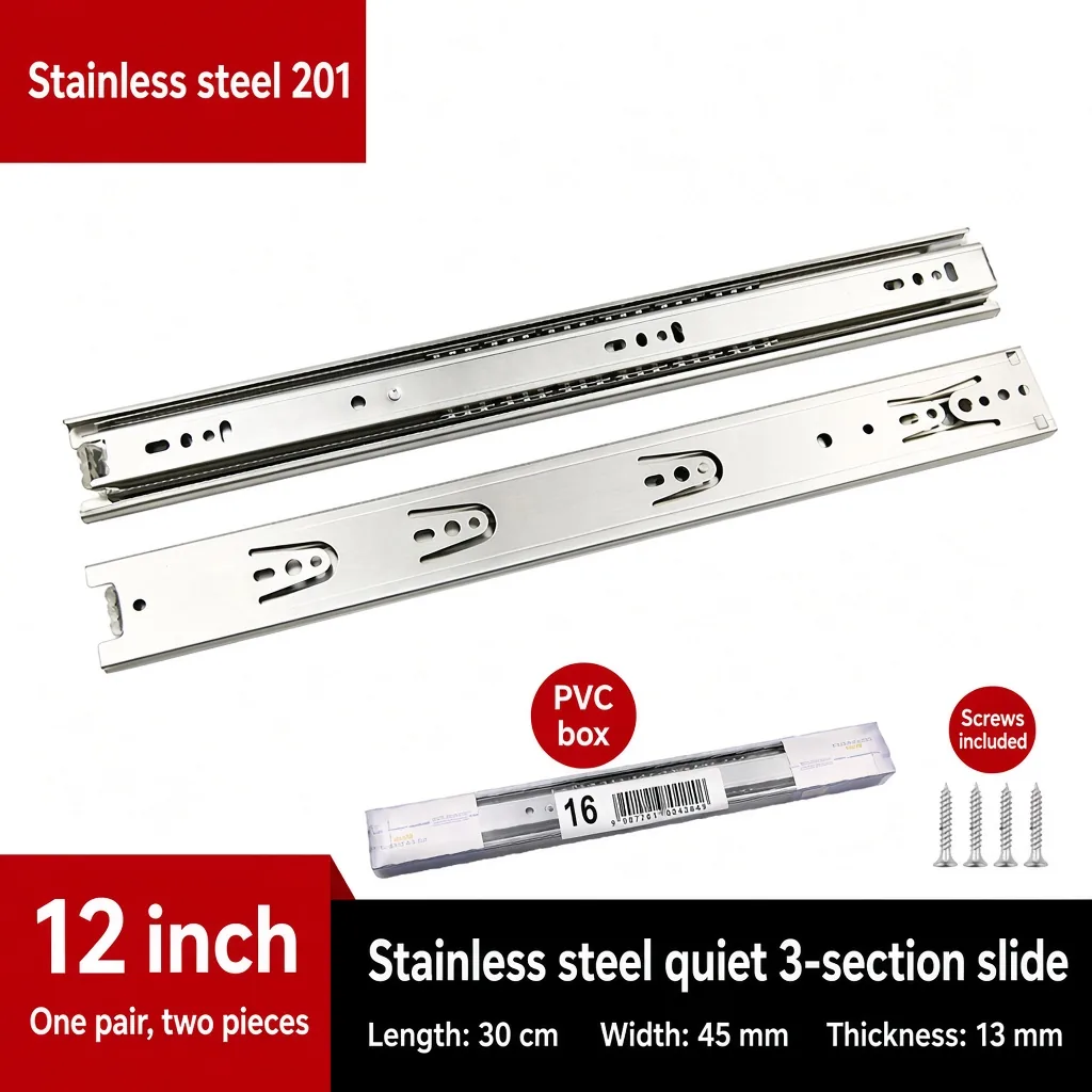 Stainless steel quiet 3-section slide, 12 inch — SL-600479146228-02