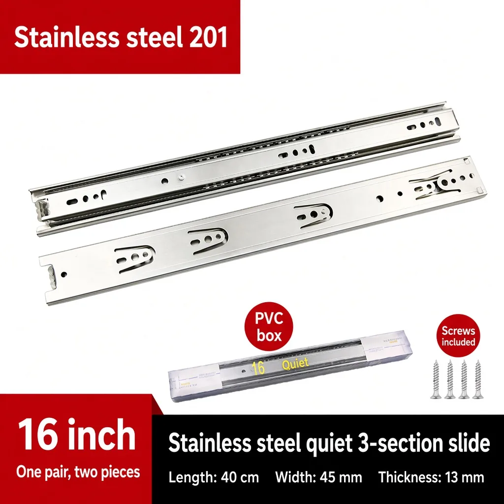Stainless steel quiet 3-section slide, 16 inch — SL-600479146228-04