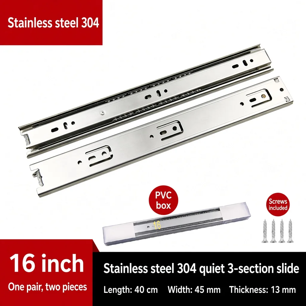 Stainless steel 304 quiet 3-section slide, 16 inch — SL-600479146228-16